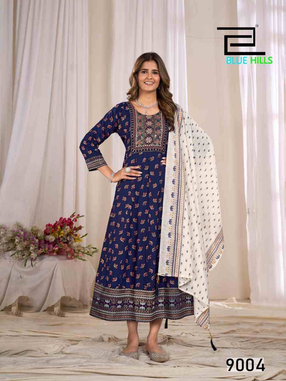 Ritu Special Vol-9 By Blue Hills 9001 To 9006 Series Designer Stylish Fancy Colorful Beautiful Party Wear & Ethnic Wear Collection Rayon Print Gowns With Dupatta At Wholesale Price