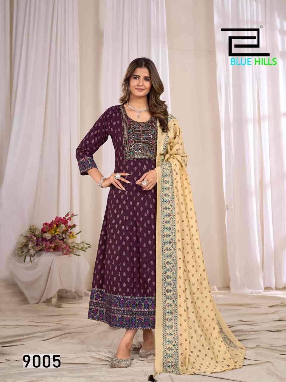 Ritu Special Vol-9 By Blue Hills 9001 To 9006 Series Designer Stylish Fancy Colorful Beautiful Party Wear & Ethnic Wear Collection Rayon Print Gowns With Dupatta At Wholesale Price