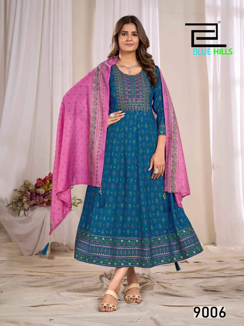 Ritu Special Vol-9 By Blue Hills 9001 To 9006 Series Designer Stylish Fancy Colorful Beautiful Party Wear & Ethnic Wear Collection Rayon Print Gowns With Dupatta At Wholesale Price