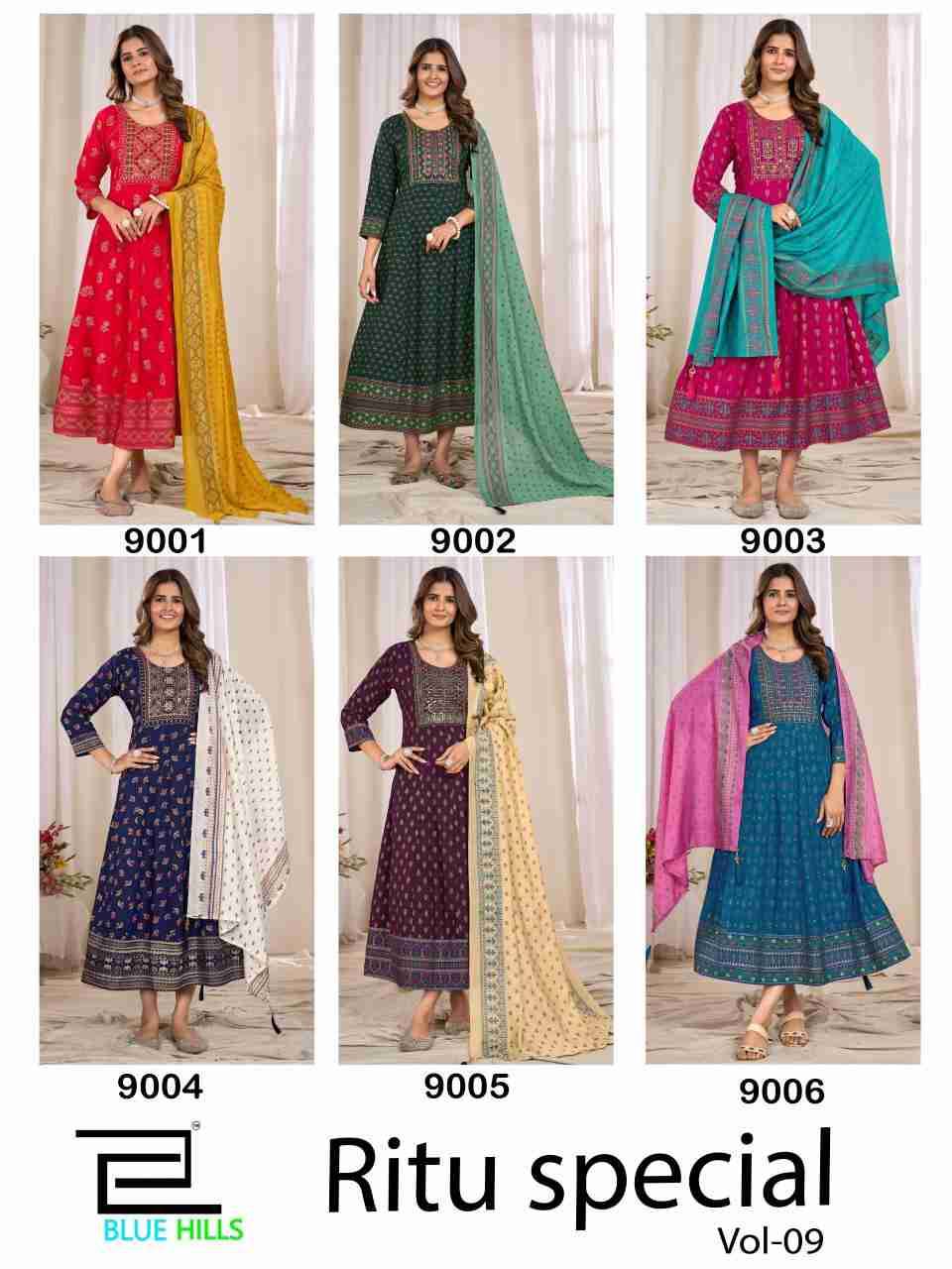 Ritu Special Vol-9 By Blue Hills 9001 To 9006 Series Designer Stylish Fancy Colorful Beautiful Party Wear & Ethnic Wear Collection Rayon Print Gowns With Dupatta At Wholesale Price