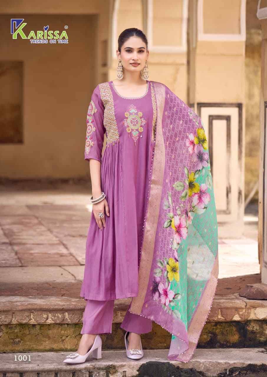 Simaran By Karissa 1001 To 1004 Series Designer Festive Suits Beautiful Fancy Stylish Colorful Party Wear & Occasional Wear Pure Viscose Chanderi Embroidered Dresses At Wholesale Price
