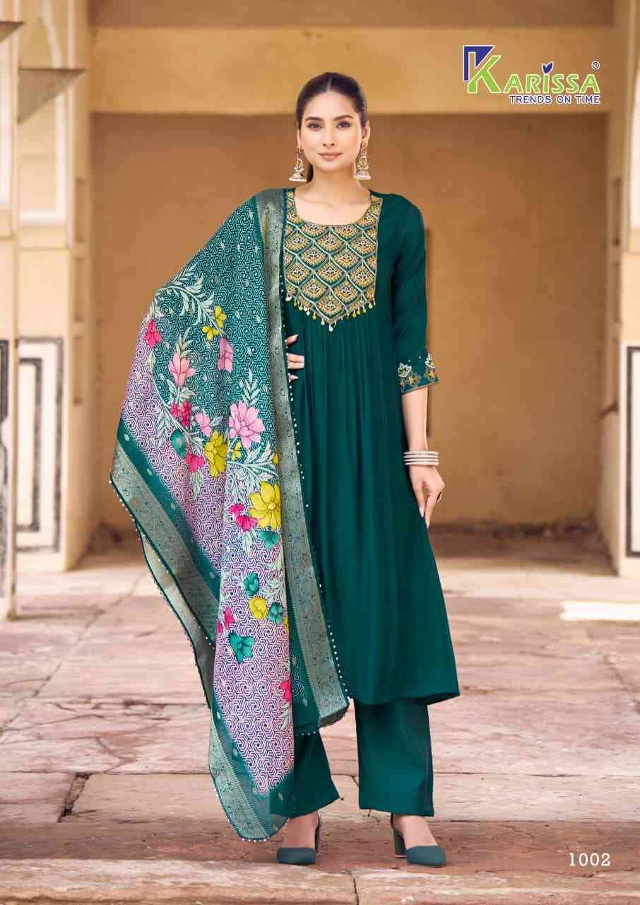 Simaran By Karissa 1001 To 1004 Series Designer Festive Suits Beautiful Fancy Stylish Colorful Party Wear & Occasional Wear Pure Viscose Chanderi Embroidered Dresses At Wholesale Price