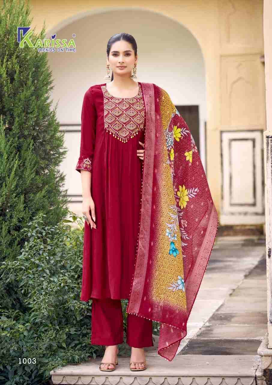 Simaran By Karissa 1001 To 1004 Series Designer Festive Suits Beautiful Fancy Stylish Colorful Party Wear & Occasional Wear Pure Viscose Chanderi Embroidered Dresses At Wholesale Price