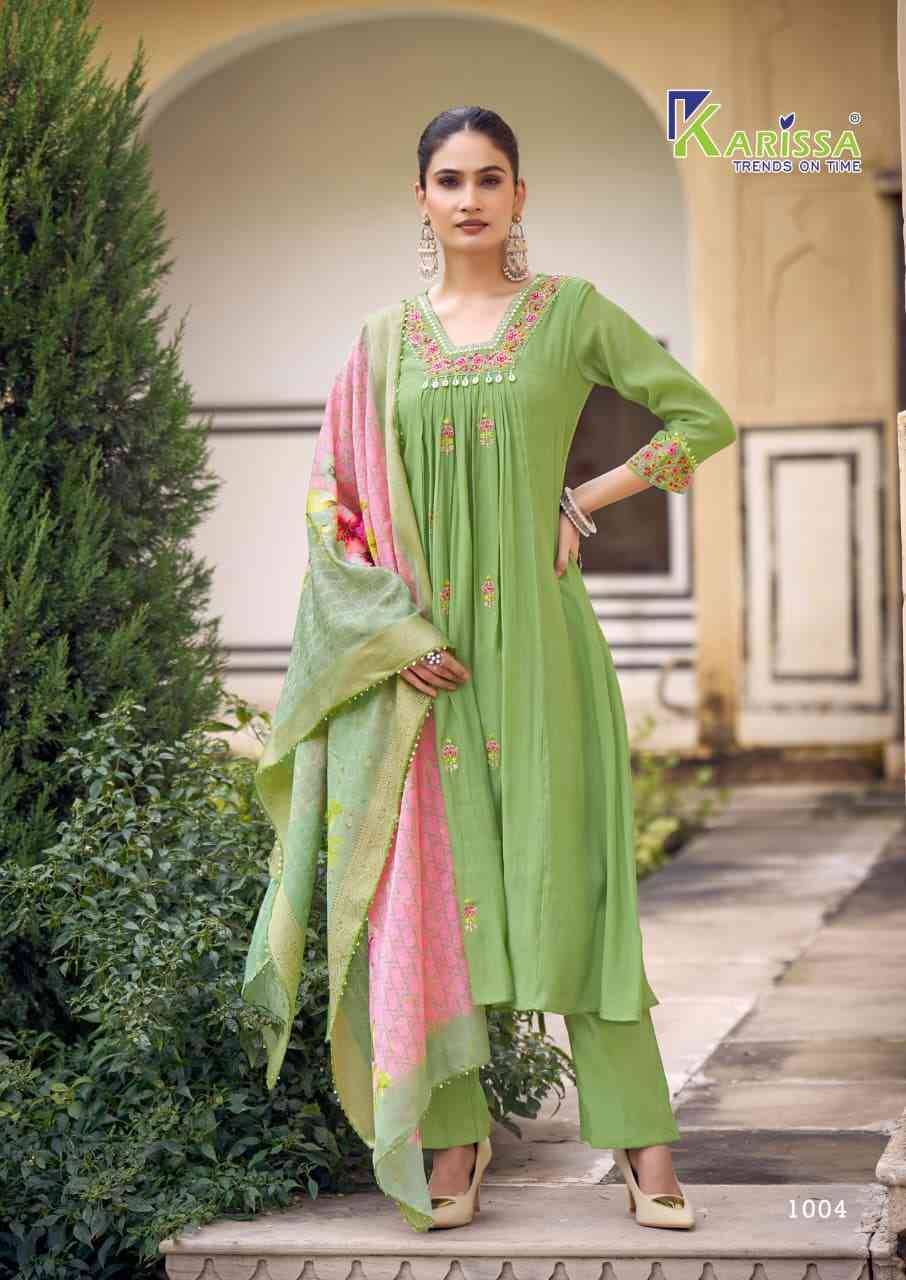 Simaran By Karissa 1001 To 1004 Series Designer Festive Suits Beautiful Fancy Stylish Colorful Party Wear & Occasional Wear Pure Viscose Chanderi Embroidered Dresses At Wholesale Price