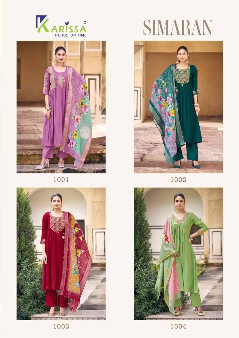 Simaran By Karissa 1001 To 1004 Series Designer Festive Suits Beautiful Fancy Stylish Colorful Party Wear & Occasional Wear Pure Viscose Chanderi Embroidered Dresses At Wholesale Price