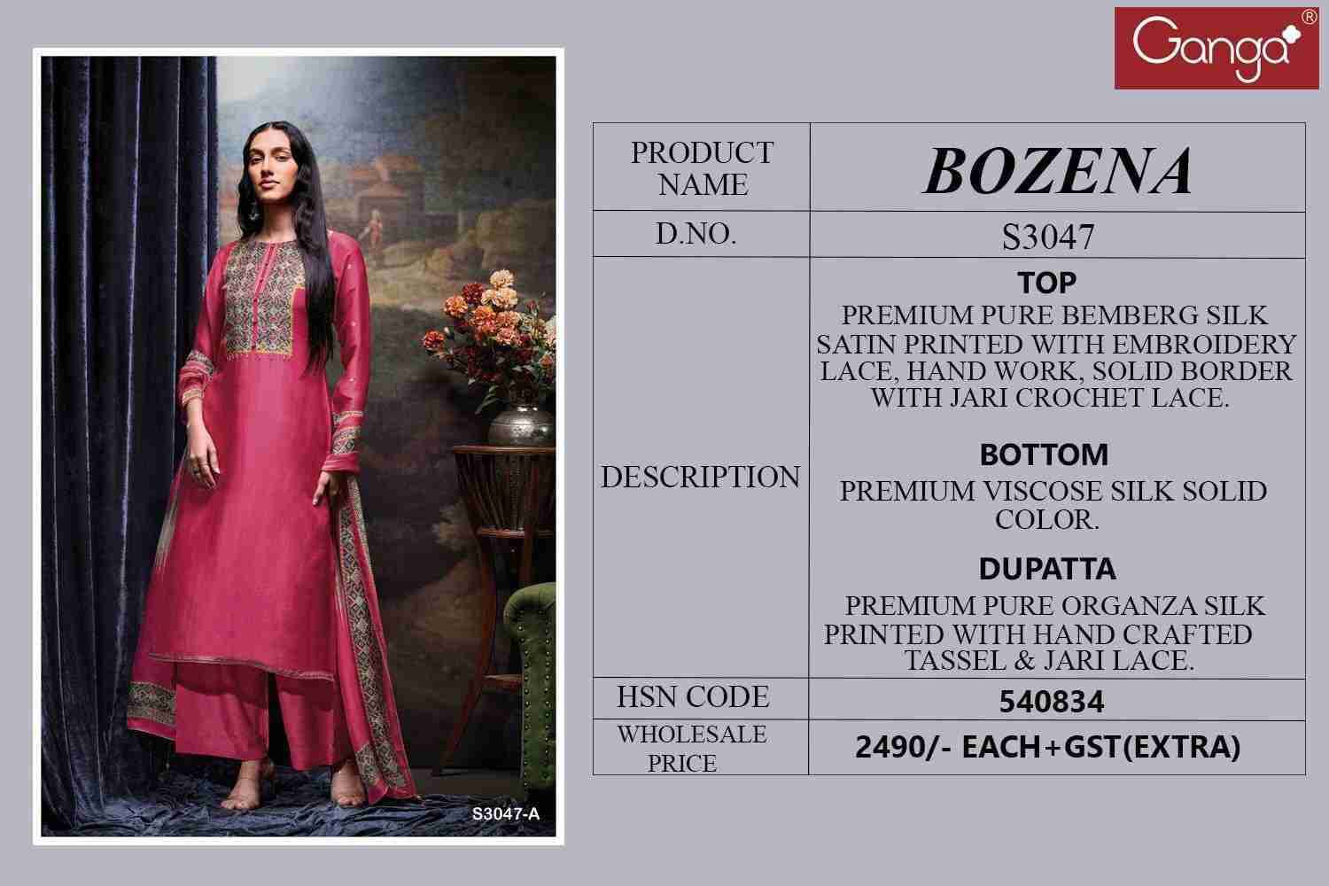 Bozena-3047 By Ganga Fashion 3047-A To 3047-C Series Beautiful Festive Suits Colorful Stylish Fancy Casual Wear & Ethnic Wear Pure Bemberg Silk Dresses At Wholesale Price
