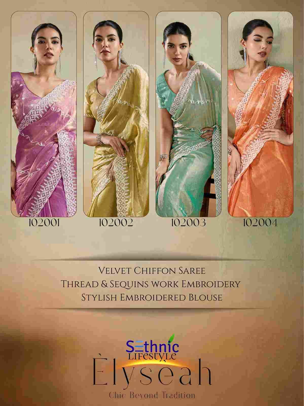 Elyseah By Sethnic 102001 To 102004 Series Indian Traditional Wear Collection Beautiful Stylish Fancy Colorful Party Wear & Occasional Wear Velvet Chiffon Sarees At Wholesale Price
