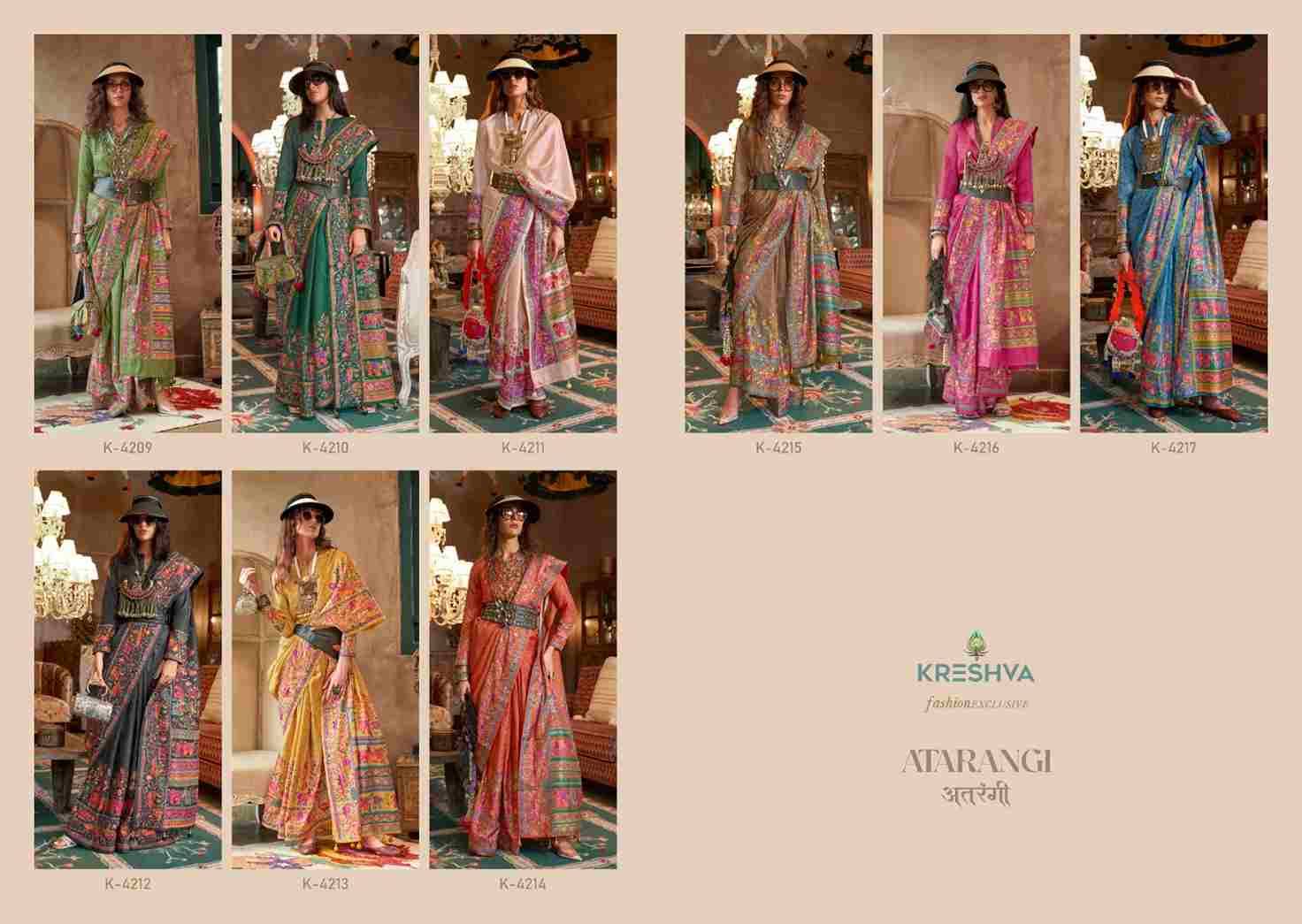 Atarangi By Kreshva 4209 To 4217 Series Indian Traditional Wear Collection Beautiful Stylish Fancy Colorful Party Wear & Occasional Wear Silk Sarees At Wholesale Price