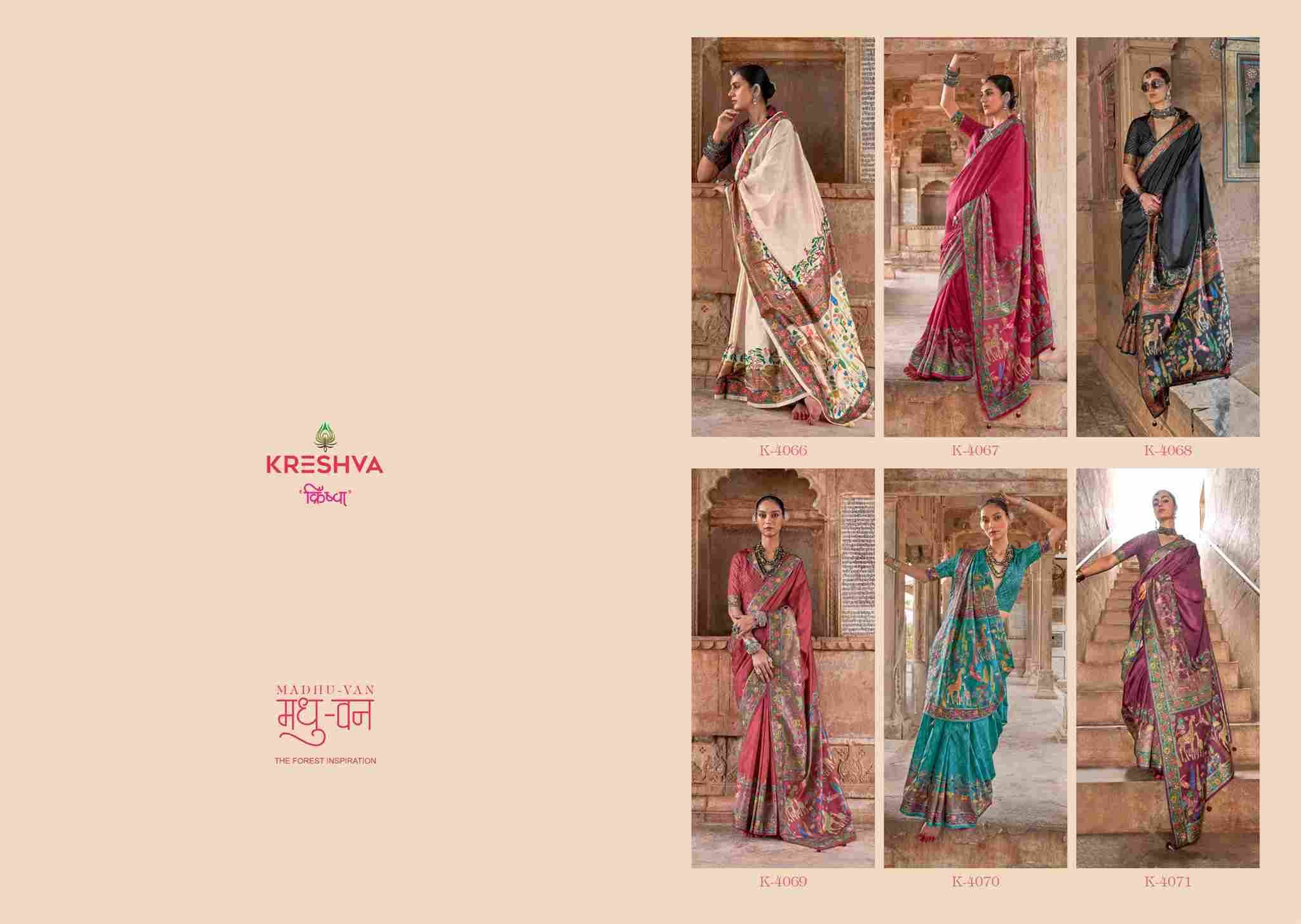 Madhuvan By Kreshva 4066 To 4071 Series Indian Traditional Wear Collection Beautiful Stylish Fancy Colorful Party Wear & Occasional Wear Silk Sarees At Wholesale Price