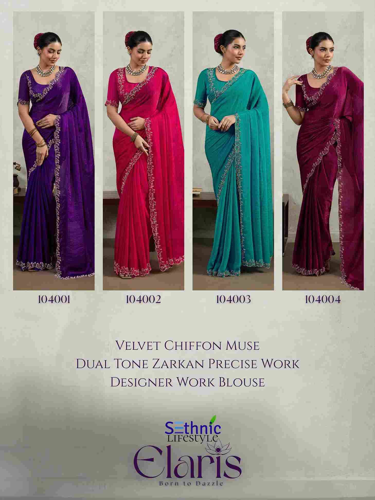 Elarish By Sethnic 104001 To 104004 Series Indian Traditional Wear Collection Beautiful Stylish Fancy Colorful Party Wear & Occasional Wear Velvet Chiffon Sarees At Wholesale Price