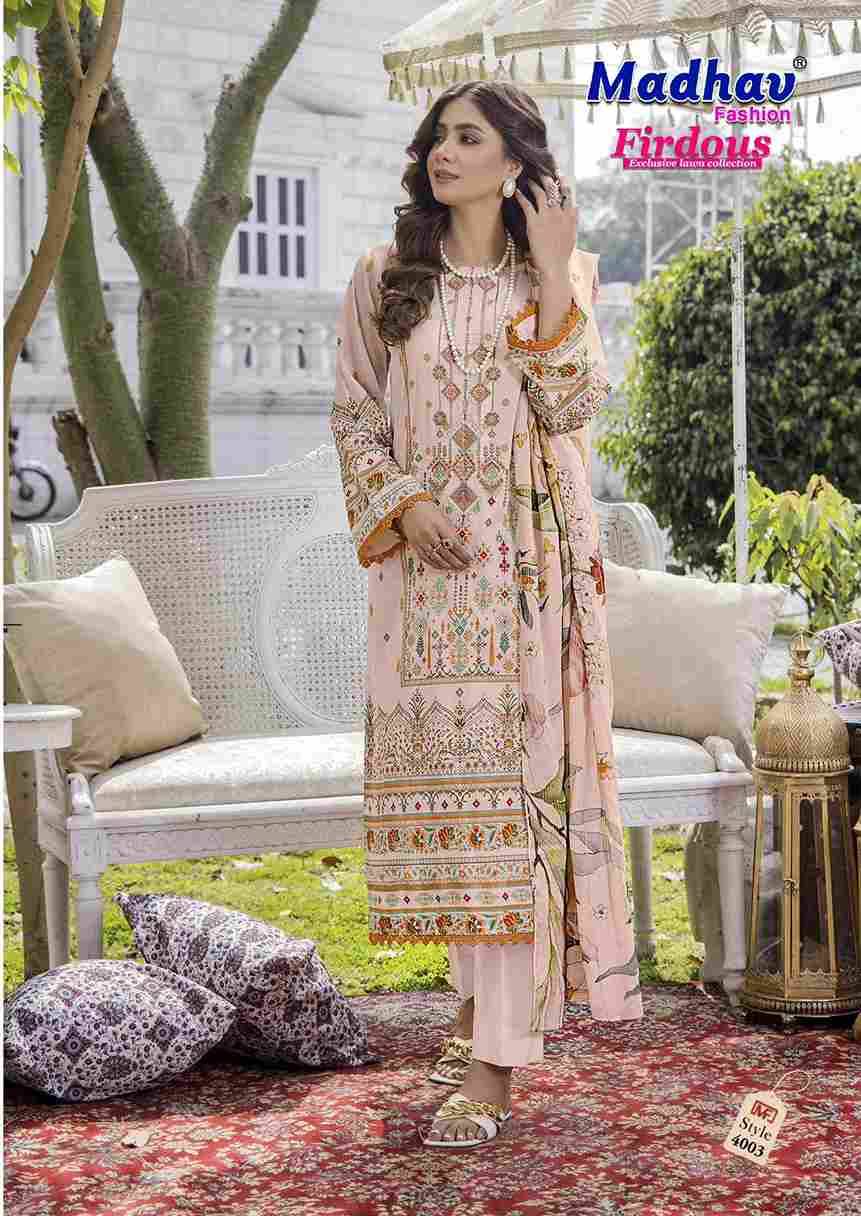 Firdous Vol-4 By Madhav Fashion 4001 To 4006 Series Beautiful Stylish Suits Fancy Colorful Casual Wear & Ethnic Wear & Ready To Wear Pure Lawn Cotton Dresses At Wholesale Price