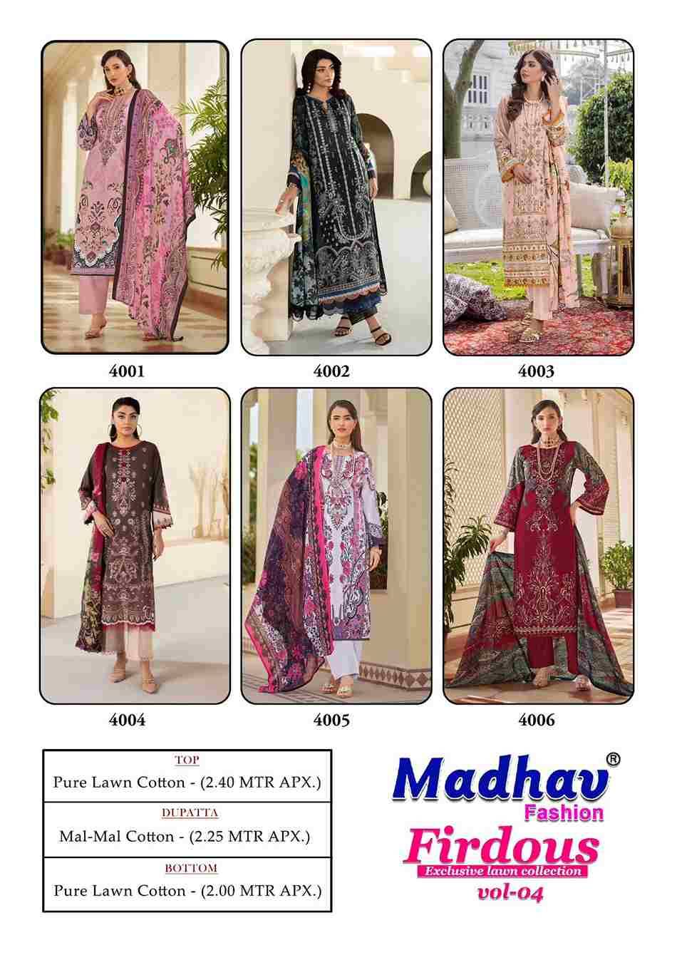 Firdous Vol-4 By Madhav Fashion 4001 To 4006 Series Beautiful Stylish Suits Fancy Colorful Casual Wear & Ethnic Wear & Ready To Wear Pure Lawn Cotton Dresses At Wholesale Price