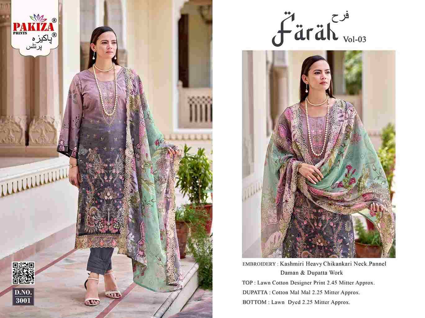 Farah Vol-3 By Pakiza Prints 3001 To 3008 Series Beautiful Festive Suits Stylish Fancy Colorful Party Wear & Occasional Wear Lawn Cotton Dresses At Wholesale Price
