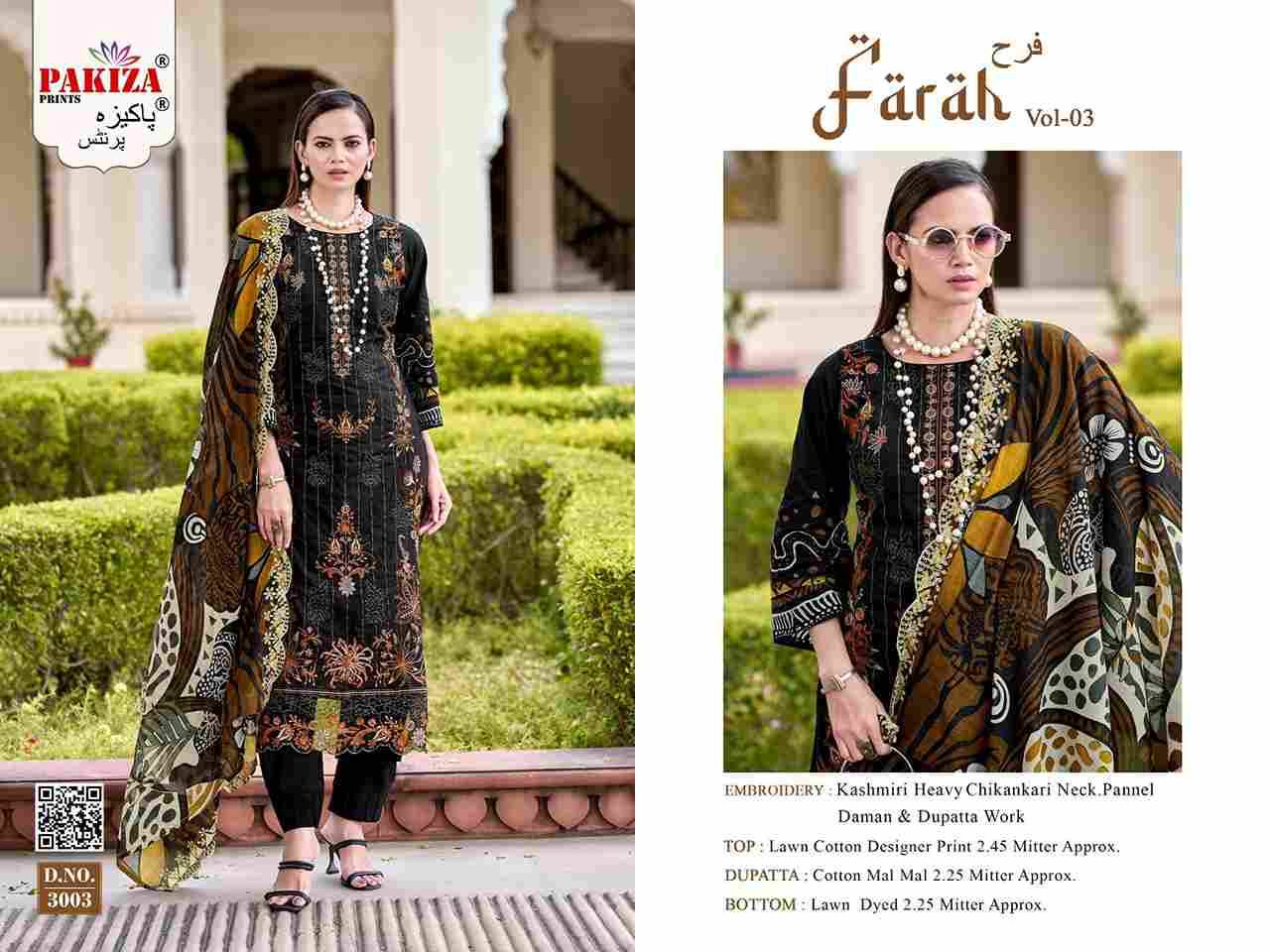 Farah Vol-3 By Pakiza Prints 3001 To 3008 Series Beautiful Festive Suits Stylish Fancy Colorful Party Wear & Occasional Wear Lawn Cotton Dresses At Wholesale Price