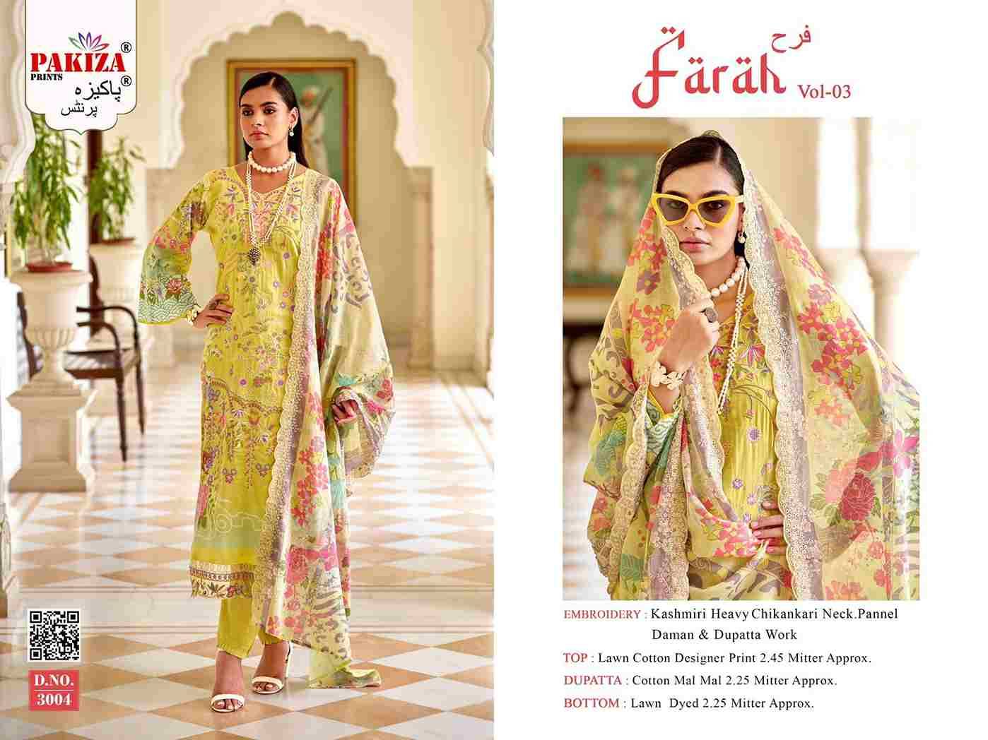 Farah Vol-3 By Pakiza Prints 3001 To 3008 Series Beautiful Festive Suits Stylish Fancy Colorful Party Wear & Occasional Wear Lawn Cotton Dresses At Wholesale Price