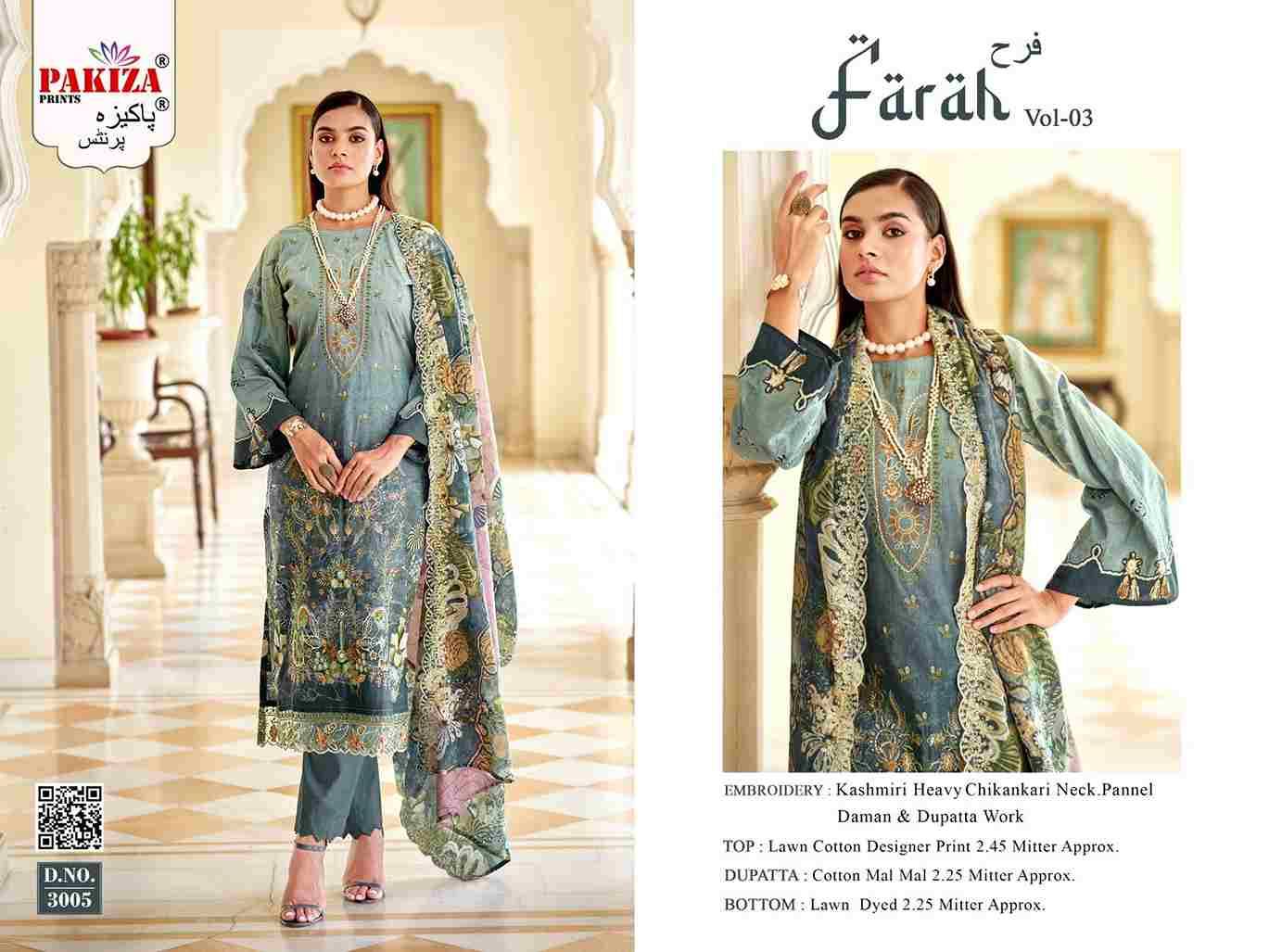 Farah Vol-3 By Pakiza Prints 3001 To 3008 Series Beautiful Festive Suits Stylish Fancy Colorful Party Wear & Occasional Wear Lawn Cotton Dresses At Wholesale Price