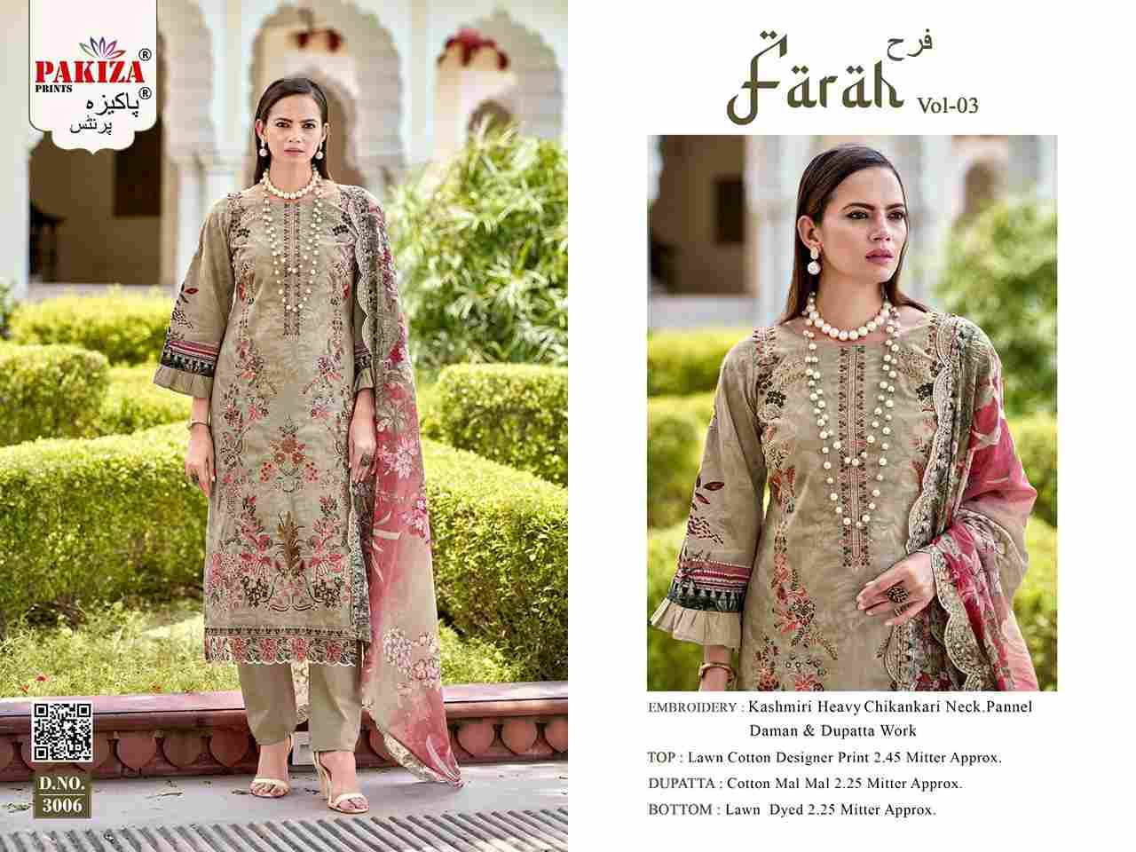 Farah Vol-3 By Pakiza Prints 3001 To 3008 Series Beautiful Festive Suits Stylish Fancy Colorful Party Wear & Occasional Wear Lawn Cotton Dresses At Wholesale Price