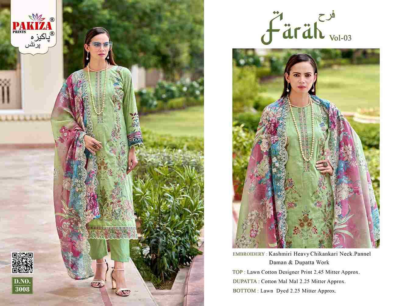 Farah Vol-3 By Pakiza Prints 3001 To 3008 Series Beautiful Festive Suits Stylish Fancy Colorful Party Wear & Occasional Wear Lawn Cotton Dresses At Wholesale Price