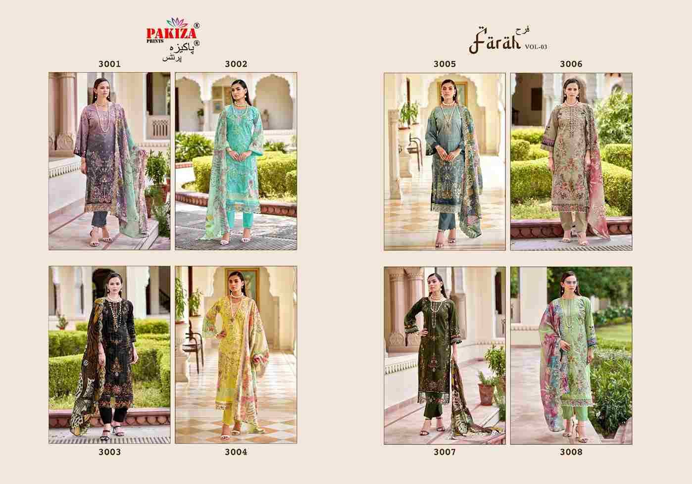 Farah Vol-3 By Pakiza Prints 3001 To 3008 Series Beautiful Festive Suits Stylish Fancy Colorful Party Wear & Occasional Wear Lawn Cotton Dresses At Wholesale Price