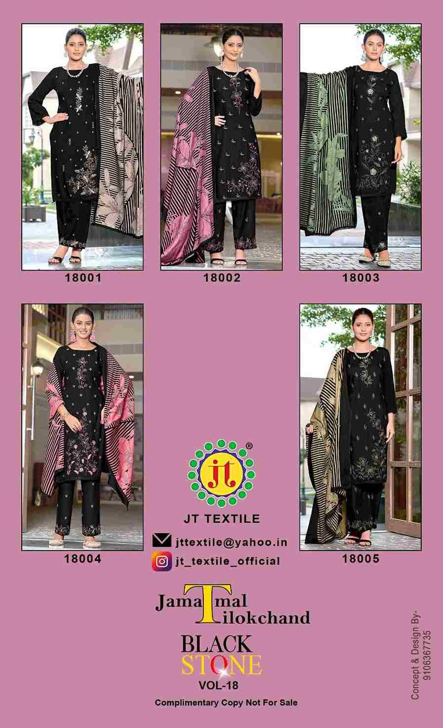 Black Stone Vol-18 By JT 18001 To 18005 Series Beautiful Festive Suits Colorful Stylish Fancy Casual Wear & Ethnic Wear Rayon Dresses At Wholesale Price