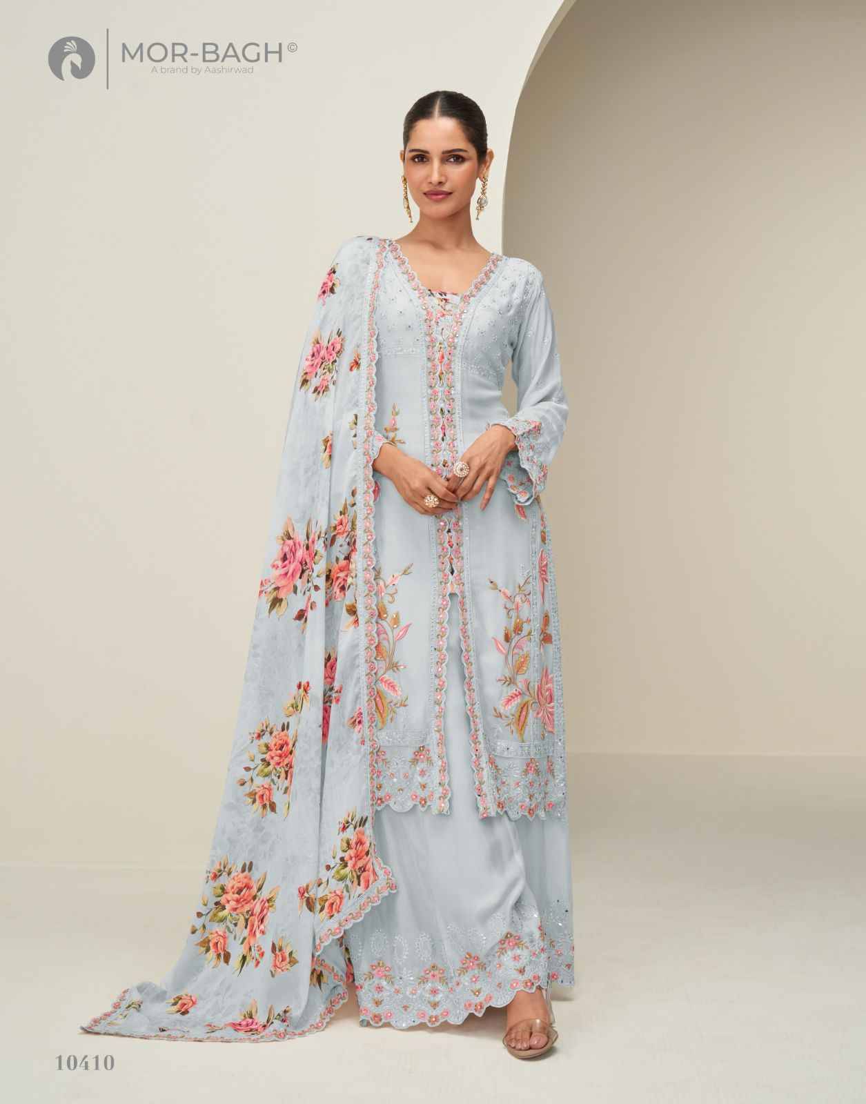Hidaya By Mor-Bagh 10407 To 10410 Series Beautiful Stylish Sharara Suits Fancy Colorful Casual Wear & Ethnic Wear & Ready To Wear Premium Chinnon Silk Dresses At Wholesale Price