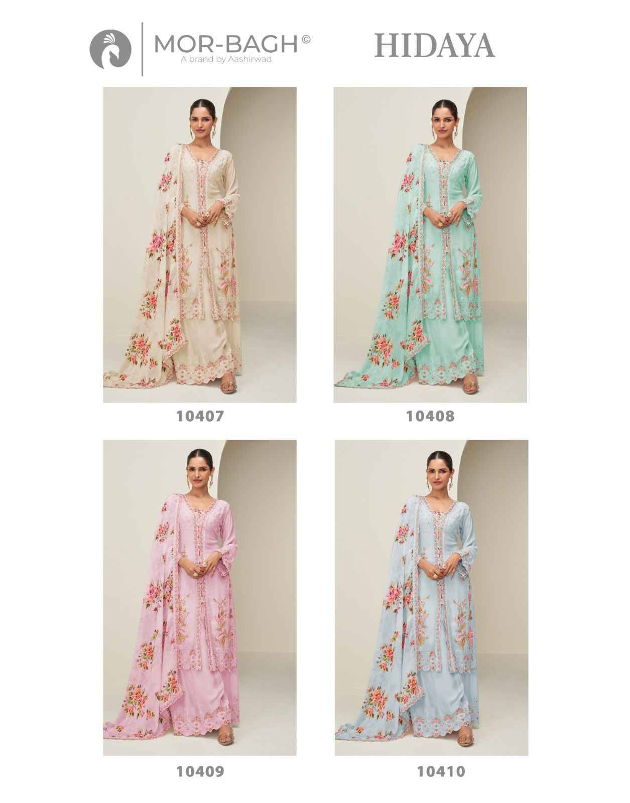 Hidaya By Mor-Bagh 10407 To 10410 Series Beautiful Stylish Sharara Suits Fancy Colorful Casual Wear & Ethnic Wear & Ready To Wear Premium Chinnon Silk Dresses At Wholesale Price