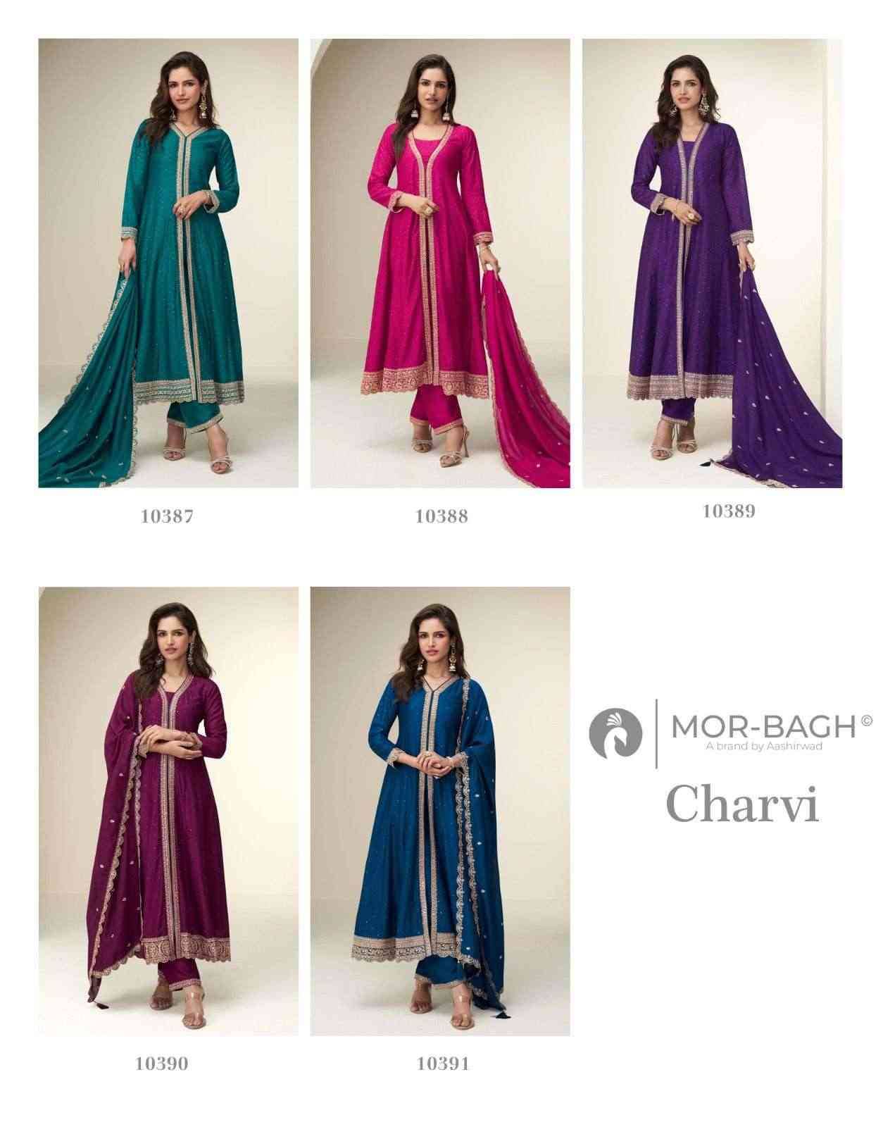 Charvi By Mor-Bagh 10387 To 10391 Series Beautiful Stylish Festive Suits Fancy Colorful Casual Wear & Ethnic Wear & Ready To Wear Premium Chinnon Silk Dresses At Wholesale Price