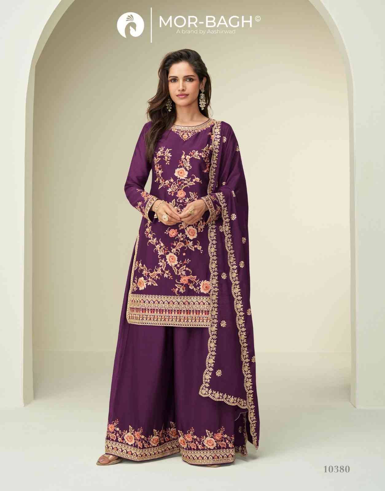 Gauri By Mor-Bagh 10380 To 10383 Series Beautiful Sharara Suits Colorful Stylish Fancy Casual Wear & Ethnic Wear Chinnon Silk Dresses At Wholesale Price