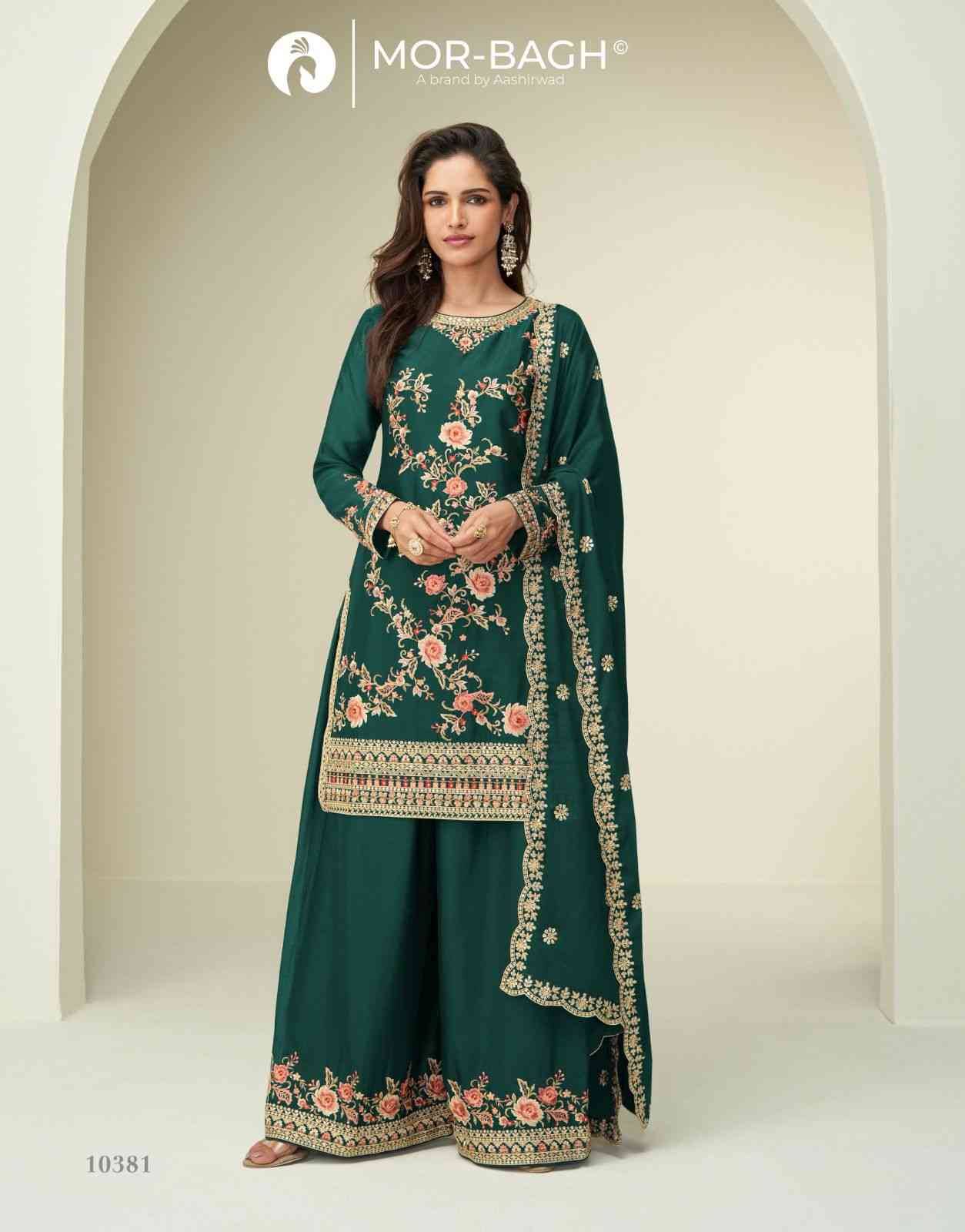 Gauri By Mor-Bagh 10380 To 10383 Series Beautiful Sharara Suits Colorful Stylish Fancy Casual Wear & Ethnic Wear Chinnon Silk Dresses At Wholesale Price