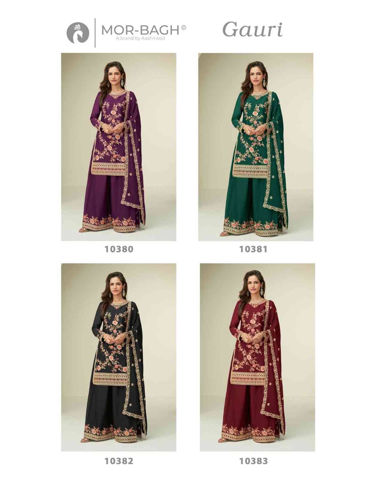 Gauri By Mor-Bagh 10380 To 10383 Series Beautiful Sharara Suits Colorful Stylish Fancy Casual Wear & Ethnic Wear Chinnon Silk Dresses At Wholesale Price