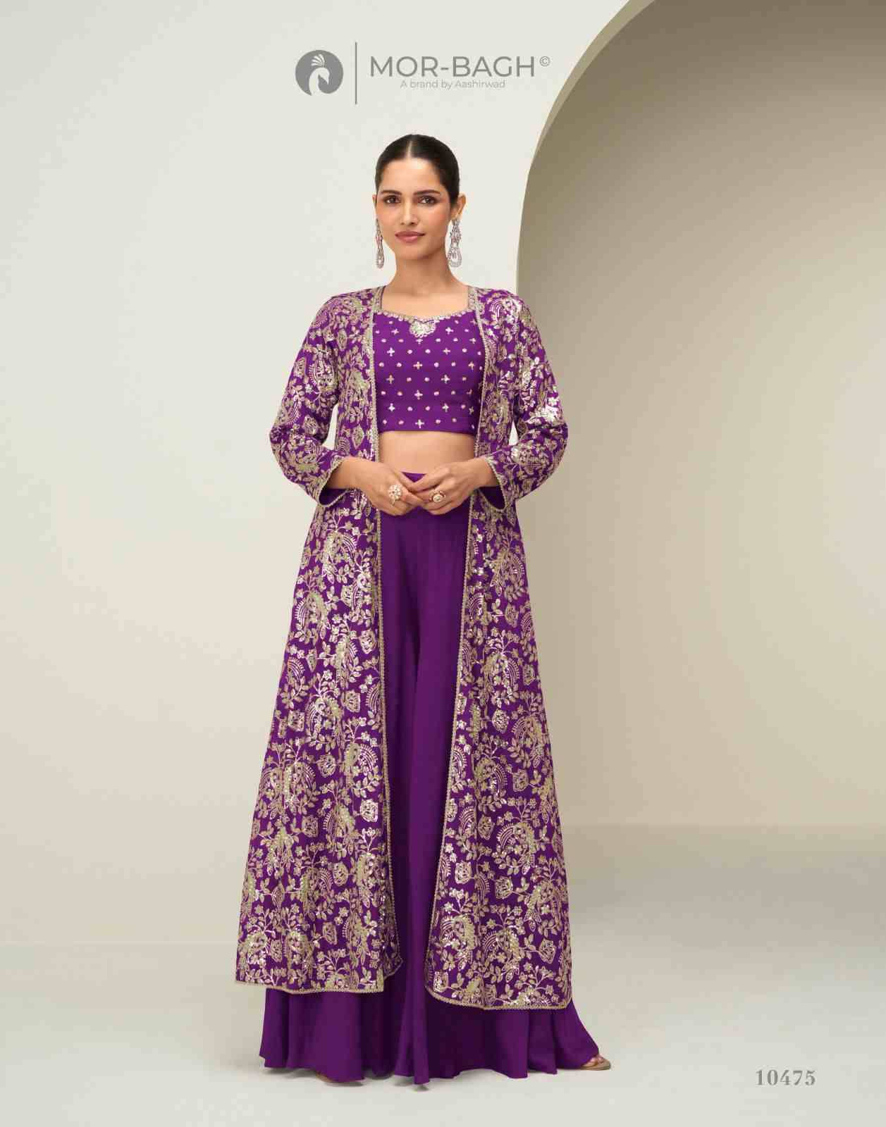 Gunjan By Mor-Bagh 10475 To 10478 Series Designer Stylish Fancy Colorful Beautiful Party Wear & Ethnic Wear Collection Chinnon Silk Tops With Bottom And Jackets At Wholesale Price