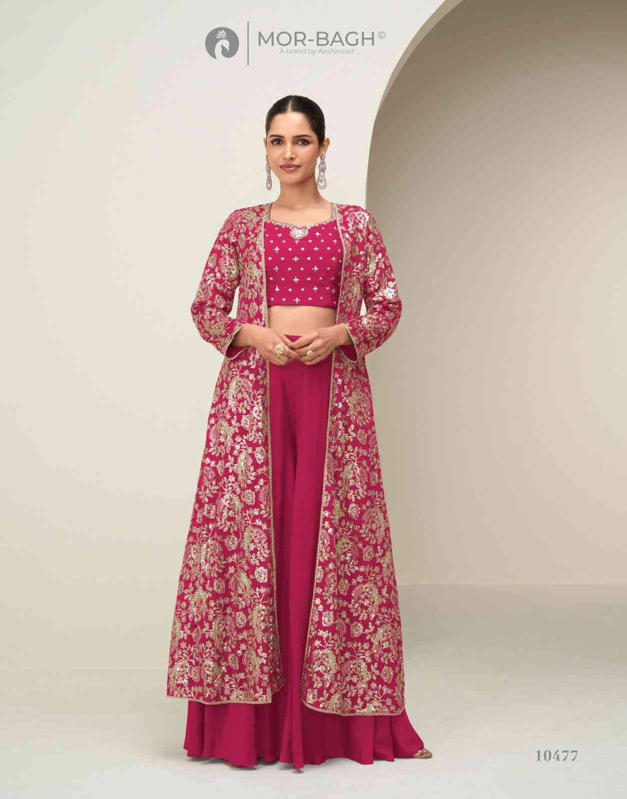Gunjan By Mor-Bagh 10475 To 10478 Series Designer Stylish Fancy Colorful Beautiful Party Wear & Ethnic Wear Collection Chinnon Silk Tops With Bottom And Jackets At Wholesale Price