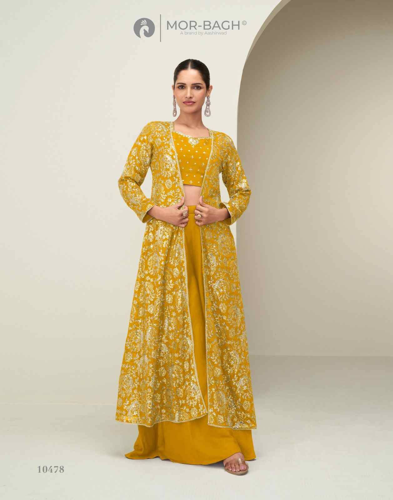 Gunjan By Mor-Bagh 10475 To 10478 Series Designer Stylish Fancy Colorful Beautiful Party Wear & Ethnic Wear Collection Chinnon Silk Tops With Bottom And Jackets At Wholesale Price