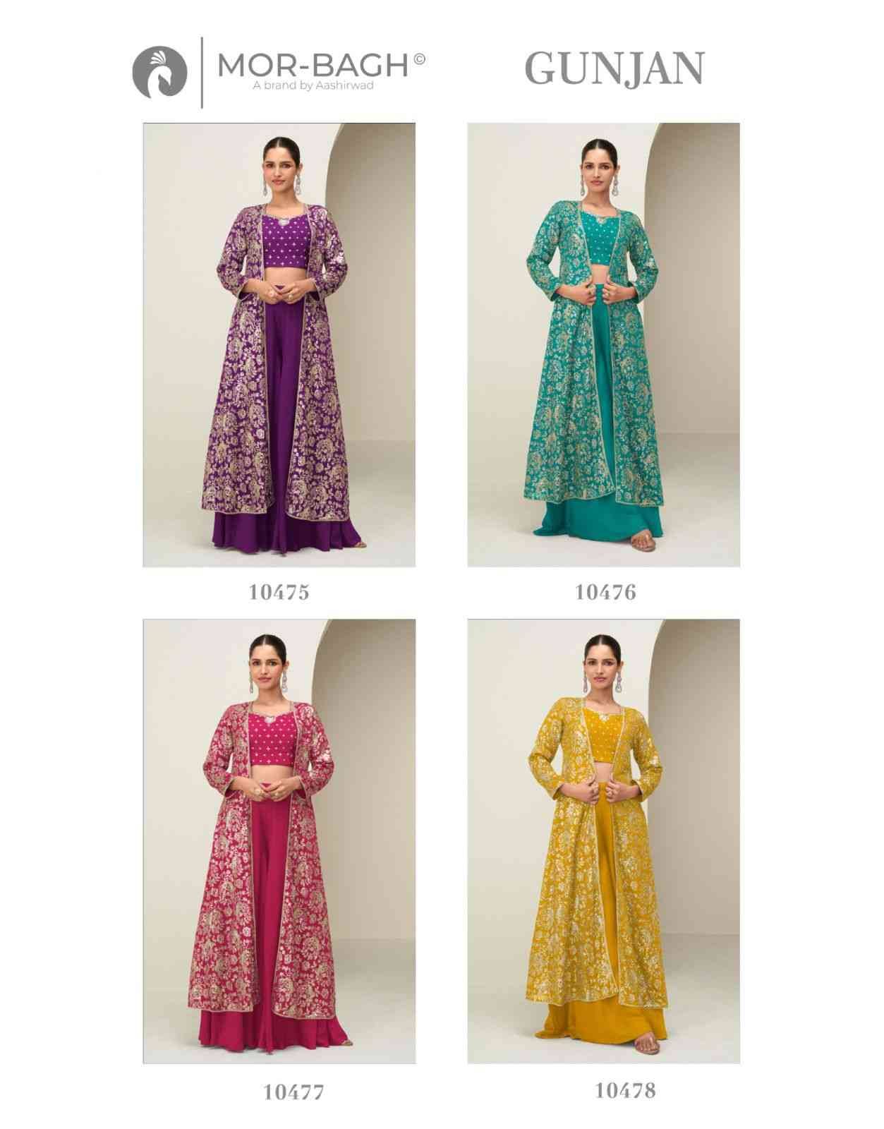 Gunjan By Mor-Bagh 10475 To 10478 Series Designer Stylish Fancy Colorful Beautiful Party Wear & Ethnic Wear Collection Chinnon Silk Tops With Bottom And Jackets At Wholesale Price