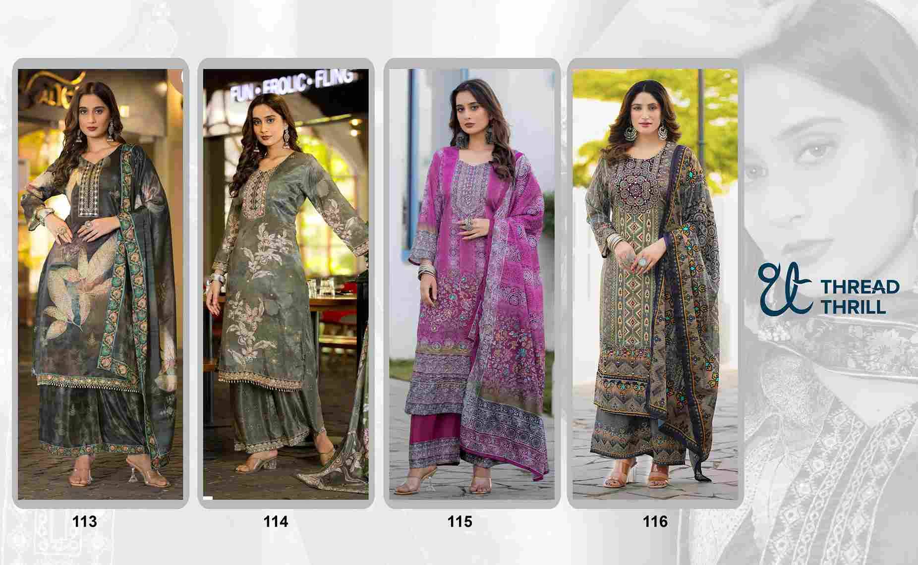Thread Thrill 113 By Thread Thrill 113 To 116 Series Beautiful Sharara Suits Colorful Stylish Fancy Casual Wear & Ethnic Wear Heavy Soft Chinnon Dresses At Wholesale Price