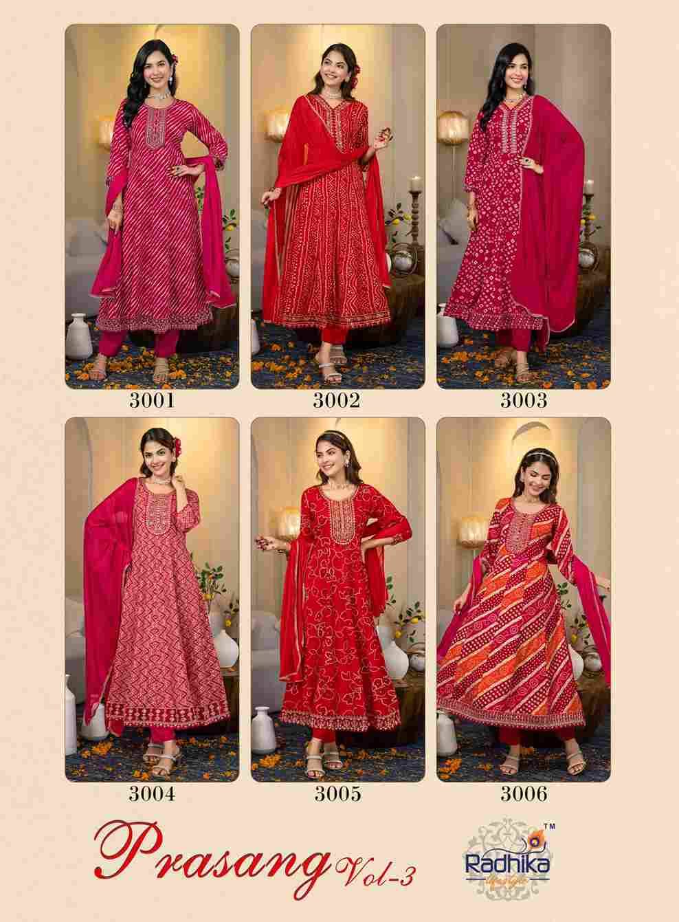 Prasang Vol-3 By Radhika Lifestyle 3001 To 3006 Series Beautiful Stylish Anarkali Suits Fancy Colorful Casual Wear & Ethnic Wear & Ready To Wear Rayon Foil Dresses At Wholesale Price