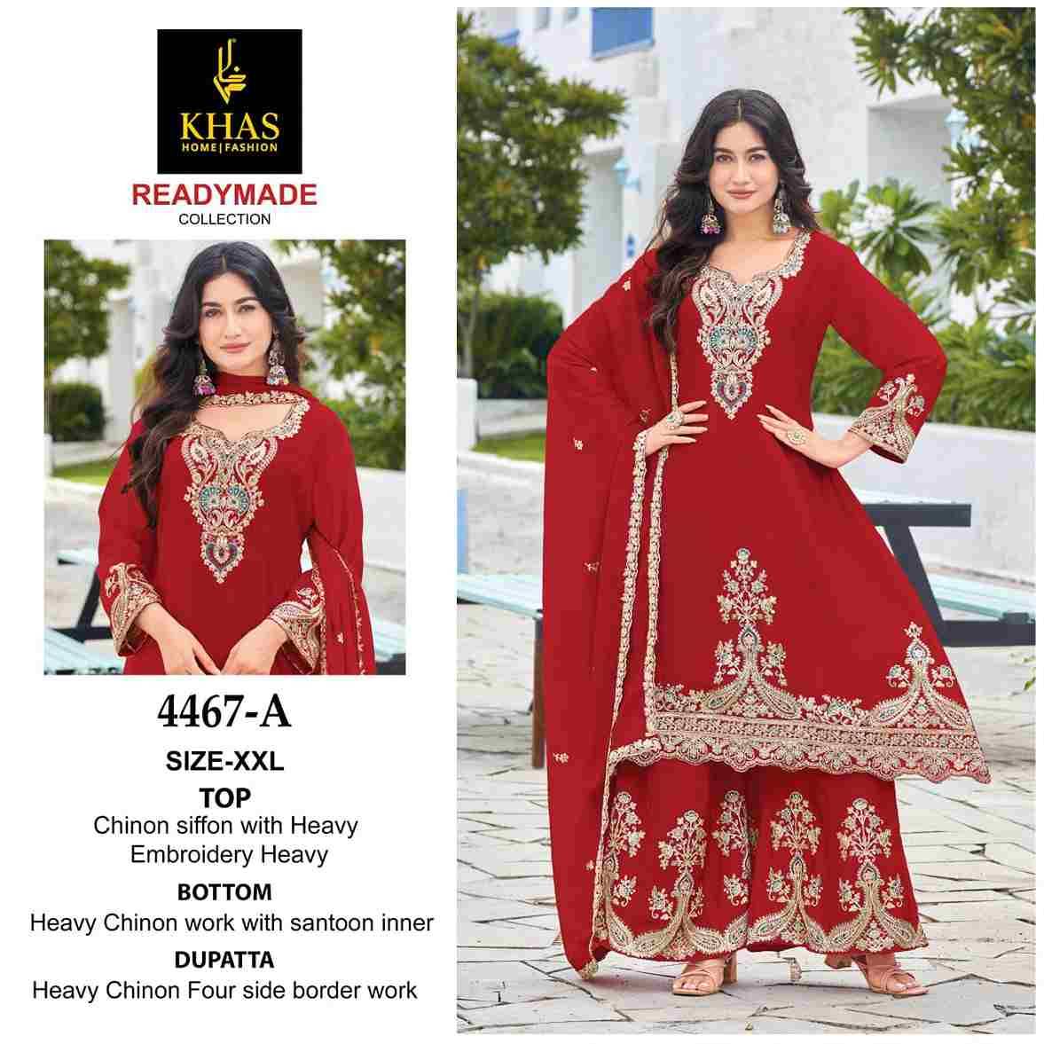 Khas 4467 Colours By Khas 4467-A To 4467-D Series Beautiful Pakistani Suits Colorful Stylish Fancy Casual Wear & Ethnic Wear Heavy Chinnon Chiffon Dresses At Wholesale Price