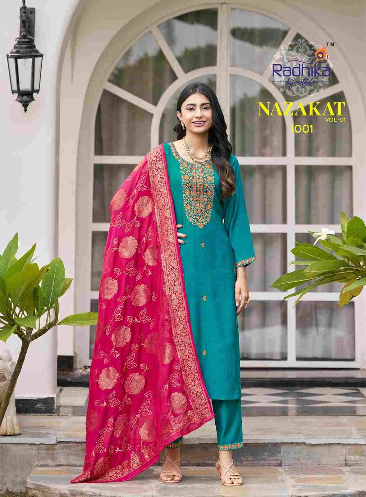 Nazakat Vol-1 By Radhika Lifestyle 1001 To 1006 Series Beautiful Stylish Festive Suits Fancy Colorful Casual Wear & Ethnic Wear & Ready To Wear Vertican Silk Dresses At Wholesale Price