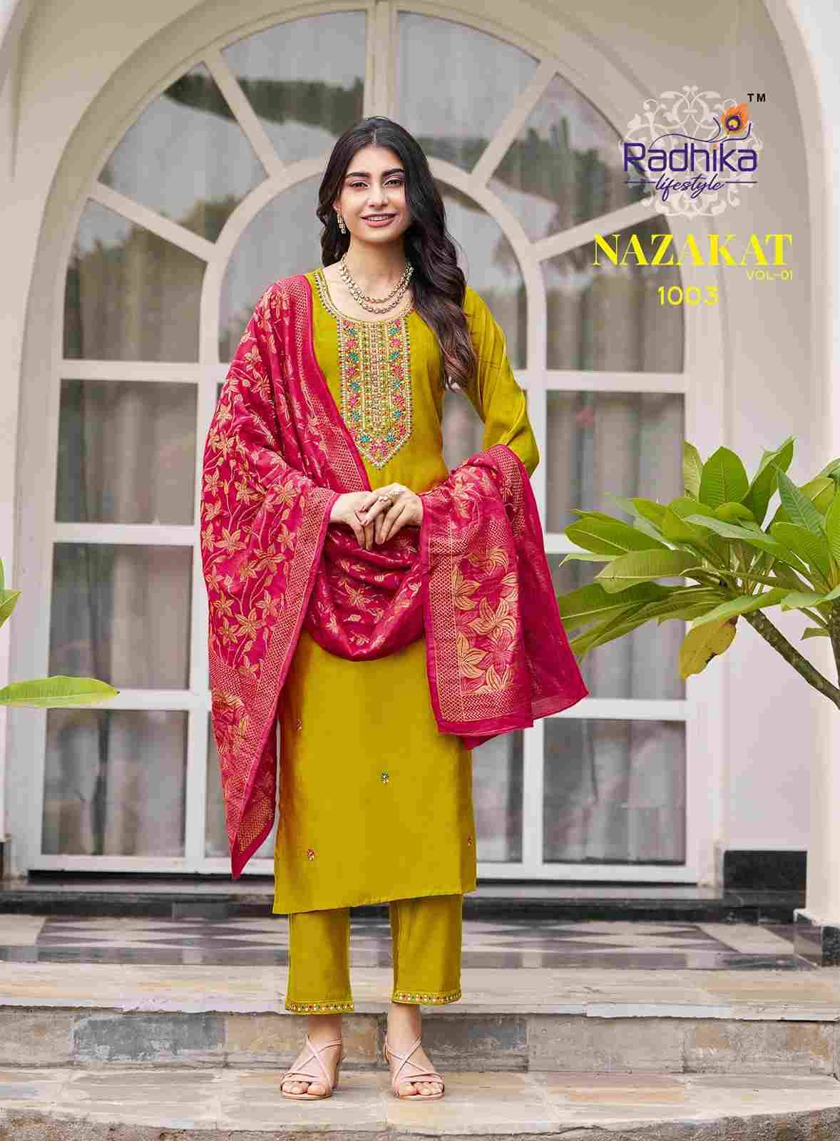 Nazakat Vol-1 By Radhika Lifestyle 1001 To 1006 Series Beautiful Stylish Festive Suits Fancy Colorful Casual Wear & Ethnic Wear & Ready To Wear Vertican Silk Dresses At Wholesale Price