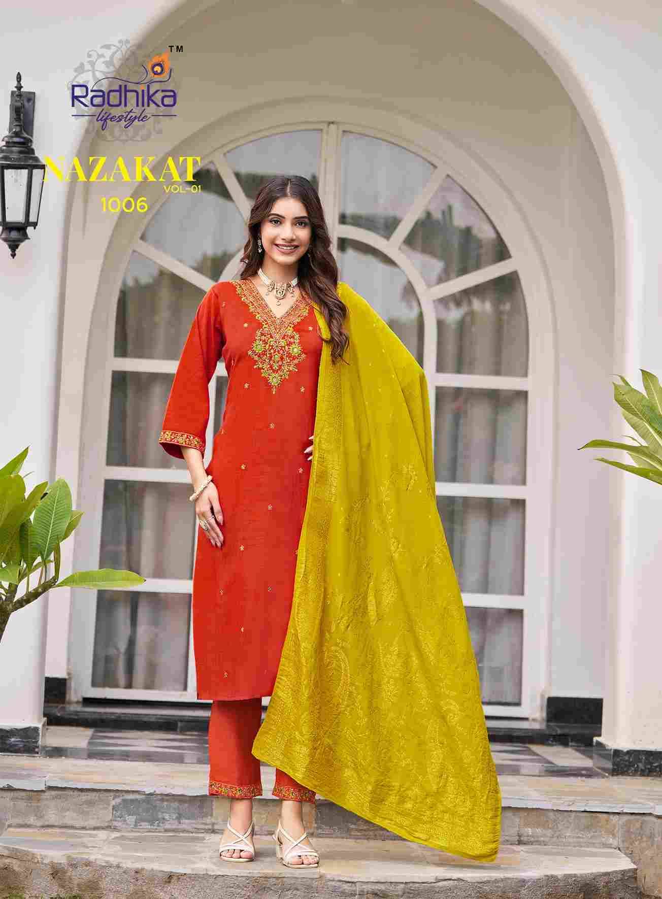 Nazakat Vol-1 By Radhika Lifestyle 1001 To 1006 Series Beautiful Stylish Festive Suits Fancy Colorful Casual Wear & Ethnic Wear & Ready To Wear Vertican Silk Dresses At Wholesale Price