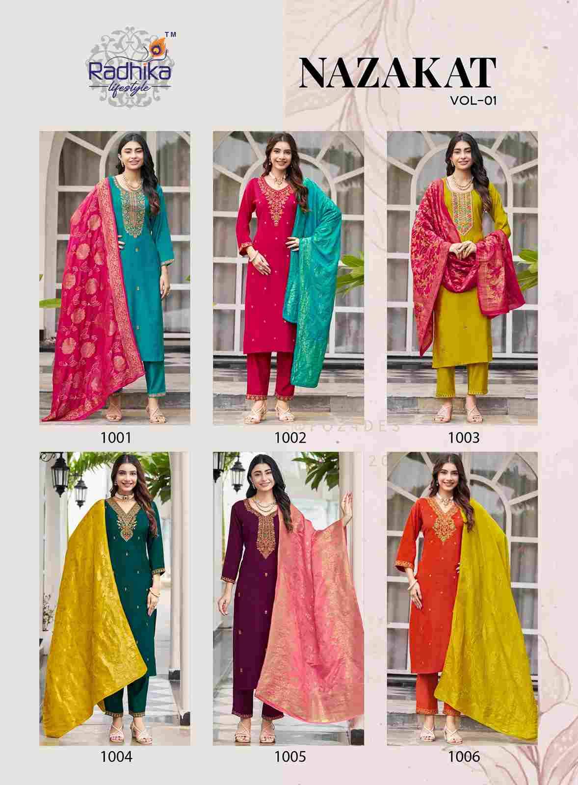 Nazakat Vol-1 By Radhika Lifestyle 1001 To 1006 Series Beautiful Stylish Festive Suits Fancy Colorful Casual Wear & Ethnic Wear & Ready To Wear Vertican Silk Dresses At Wholesale Price