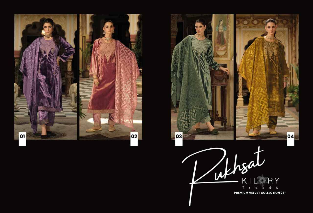 Rukhsat By Kilory 01 To 04 Series Beautiful Festive Suits Colorful Stylish Fancy Casual Wear & Ethnic Wear Pure Velvet Dresses At Wholesale Price