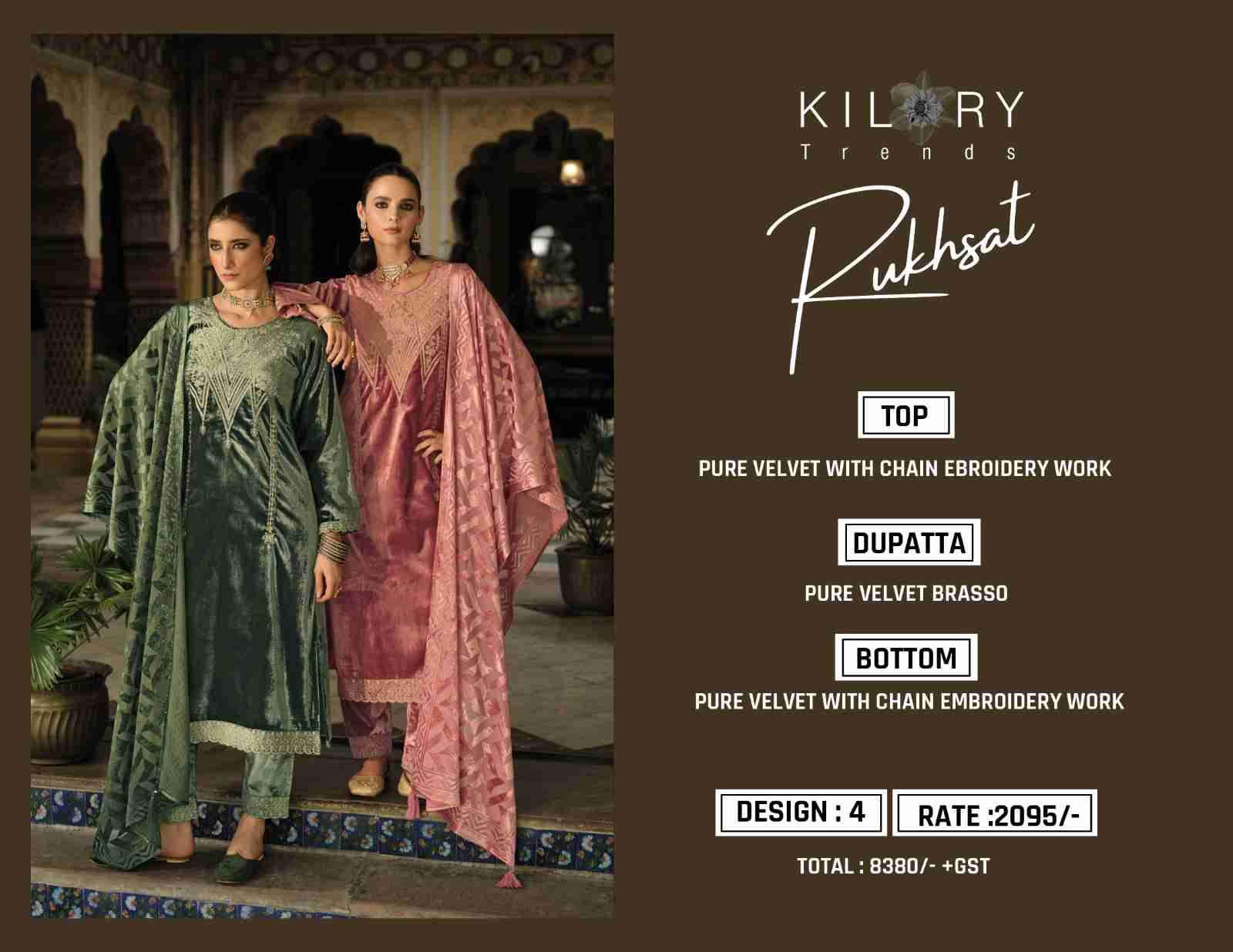 Rukhsat By Kilory 01 To 04 Series Beautiful Festive Suits Colorful Stylish Fancy Casual Wear & Ethnic Wear Pure Velvet Dresses At Wholesale Price