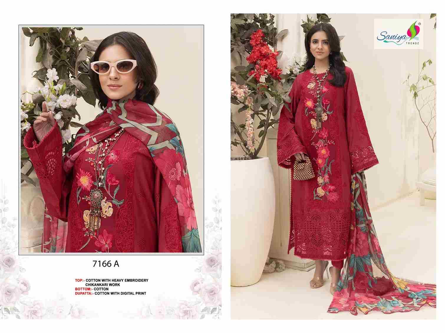 Saniya Trendz 7166 Colours By Saniya Trendz 7166-A To 7166-D Series Beautiful Pakistani Suits Colorful Stylish Fancy Casual Wear & Ethnic Wear Pure Cotton Embroidered Dresses At Wholesale Price