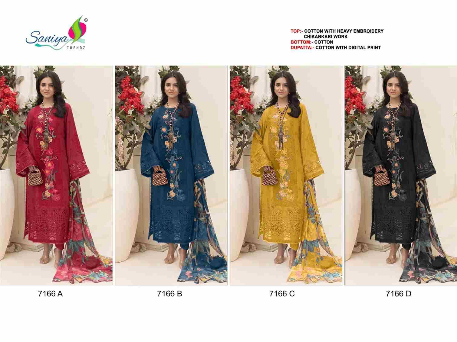 Saniya Trendz 7166 Colours By Saniya Trendz 7166-A To 7166-D Series Beautiful Pakistani Suits Colorful Stylish Fancy Casual Wear & Ethnic Wear Pure Cotton Embroidered Dresses At Wholesale Price