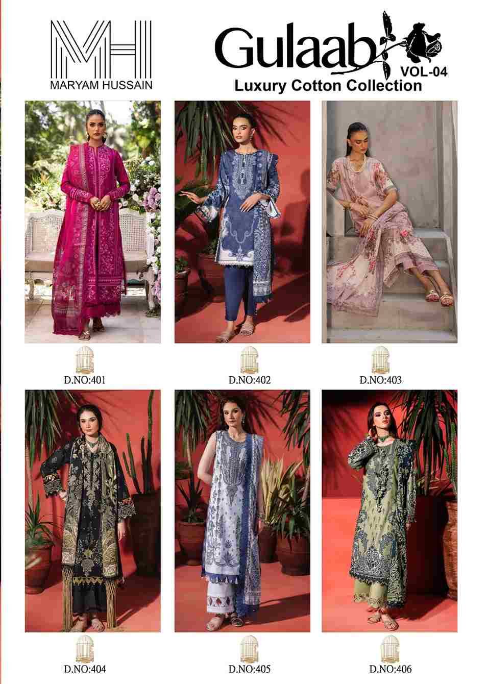 Gulaab Vol-4 By Maryam Hussain 401 To 406 Series Beautiful Festive Suits Stylish Fancy Colorful Casual Wear & Ethnic Wear Cotton Print Dresses At Wholesale Price