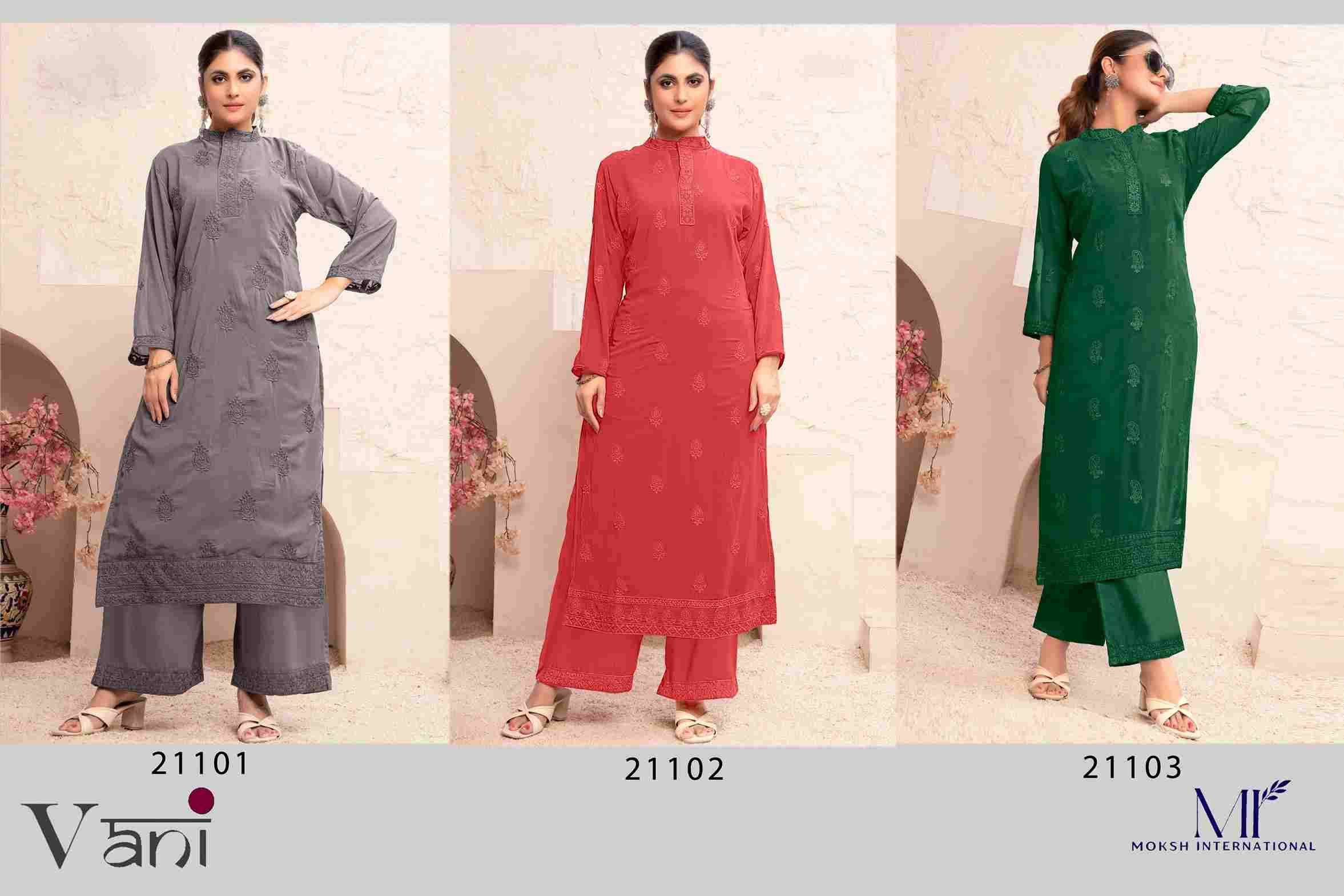 Vani By Moksh International 21101 To 21103 Series Designer Stylish Fancy Colorful Beautiful Party Wear & Ethnic Wear Collection Faux Georgette Kurtis With Bottom At Wholesale Price