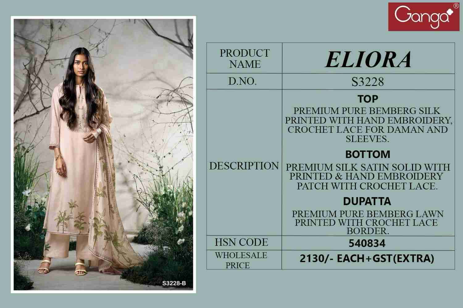 Eliora-3228 By Ganga Fashion 3228-A To 3228-C Series Beautiful Festive Suits Colorful Stylish Fancy Casual Wear & Ethnic Wear Pure Bemberg Silk Dresses At Wholesale Price