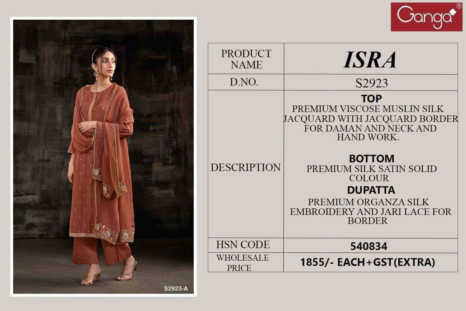 Isra-2923 By Ganga Fashion 2923-A To 2923-B Series Beautiful Festive Suits Colorful Stylish Fancy Casual Wear & Ethnic Wear Pure Viscose Silk Dresses At Wholesale Price