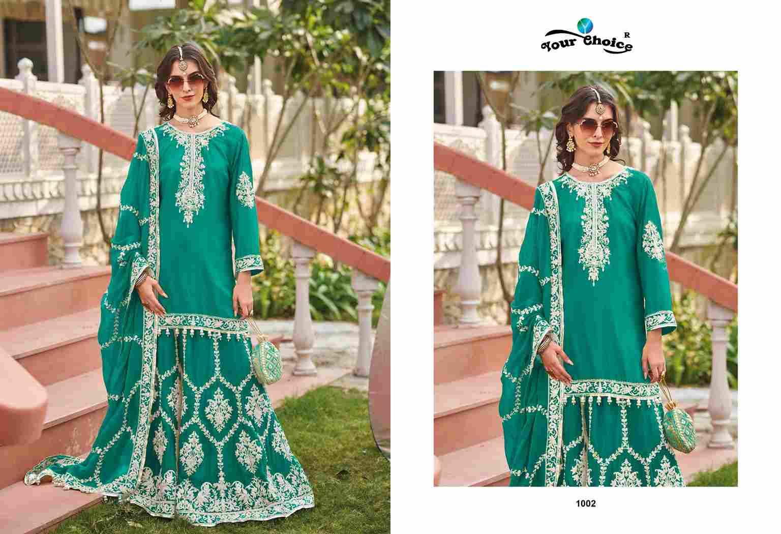 Sahiba By Your Choice 1001 To 1003 Series Designer Sharara Suits Beautiful Fancy Colorful Stylish Party Wear & Occasional Wear Heavy Chinnon Dresses At Wholesale Price